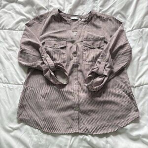 Notations Womens Size Medium Blouse 3/4 Sleeve Pink Polka Dots Button Up V Neck
